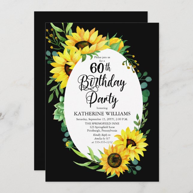 60th Birthday Party Sunflower | Eucalyptus Floral Invitation (Front/Back)