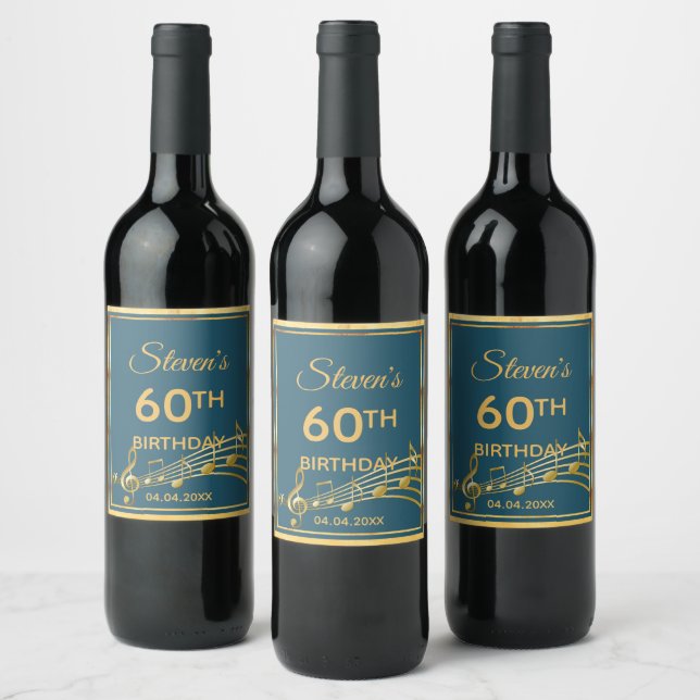 60th birthday party teal green gold music notes wine label (Bottles)