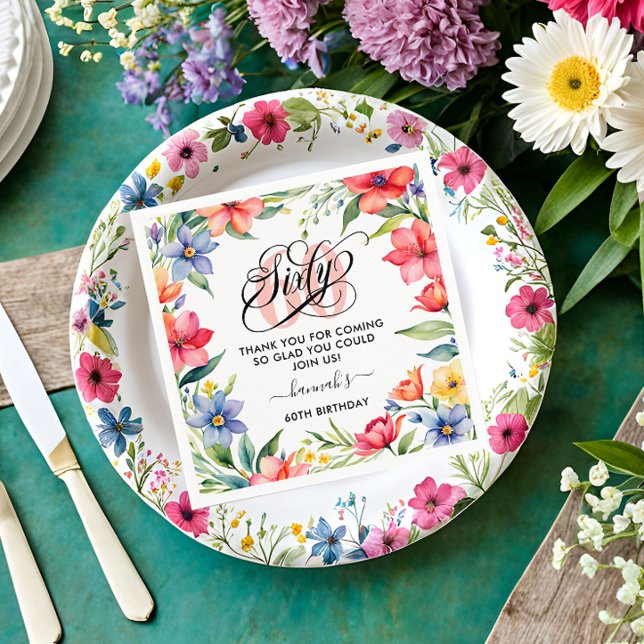 60th Birthday Party Watercolor Floral  Napkin (Creator Uploaded)