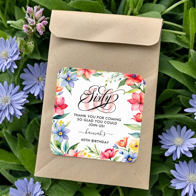60th Birthday Party Watercolor Floral  Square Sticker (Creator Uploaded)