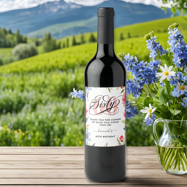 60th Birthday Party Watercolor Floral  Wine Label (Creator Uploaded)