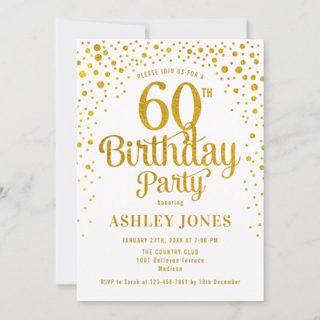 60th Birthday Party - White & Gold Invitation (Front)
