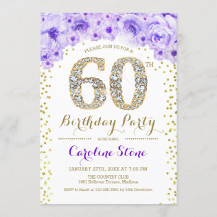 60th Birthday Party - White Gold Purple Invitation