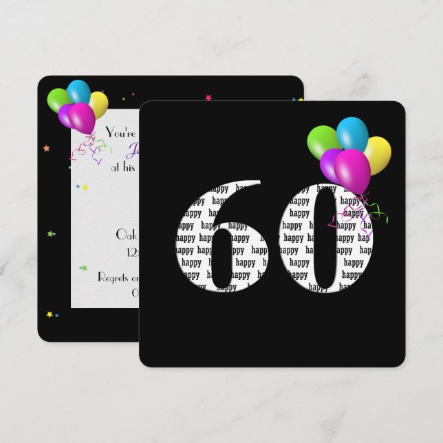 60th Birthday Party with balloon bunch Invitation (Front/Back)