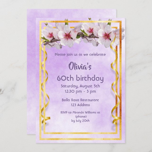 60th birthday party with cherry flowers on violet invitation (Front/Back)