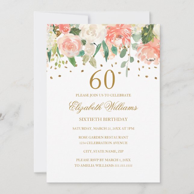 60th Birthday Peach Gold Floral Invitation (Front)
