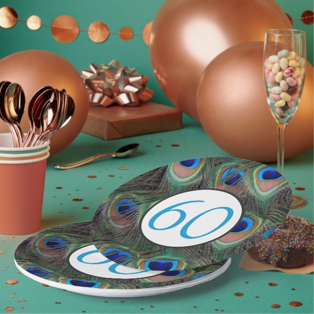 60th Birthday Peacock Feather Paper Plate (Multi)
