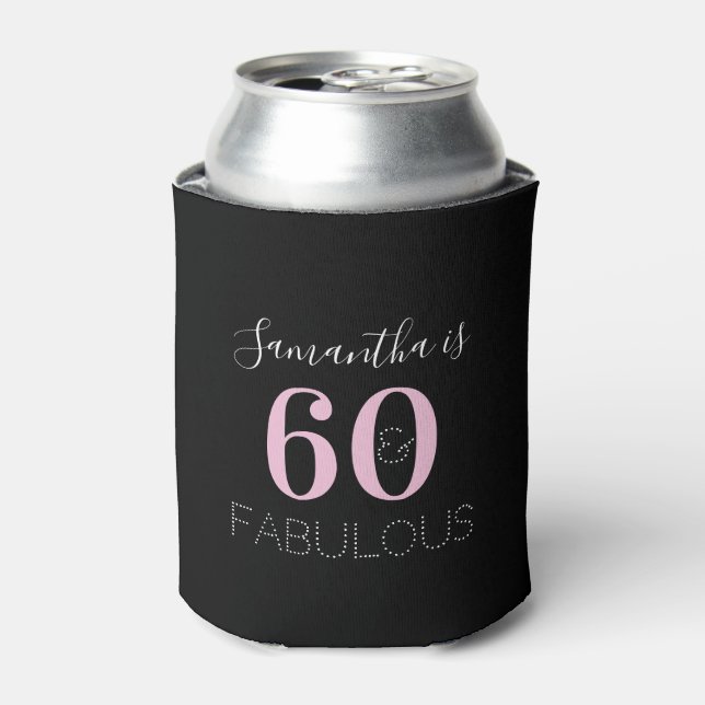 60th Birthday Personalised Black Pink Can Cooler (Can Front)