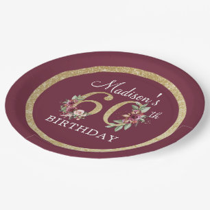 60th Birthday Personalised Burgundy Gold Paper Plate