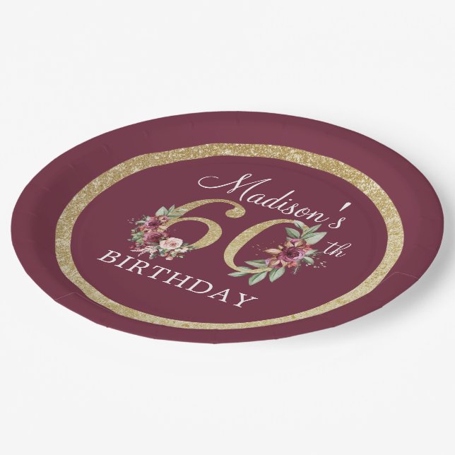 60th Birthday Personalised Burgundy Gold Paper Plate (Angled)