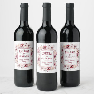 60th Birthday Personalised Burgundy Pink Floral  Wine Label