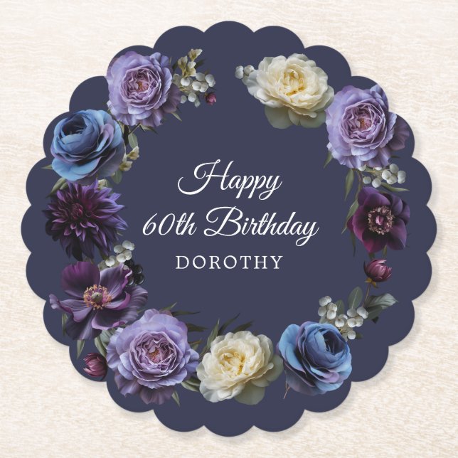 60th Birthday Personalised Moody Purple Flower  Paper Coaster (Front)
