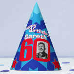 60th birthday personalised photo star name hat<br><div class="desc">Bright star pattern add your own photo and name party hat. Ideal for a special boys 60th birthday party celebration. Colourful red and blue design. Background colour can also be changed for your own choice currently light blue. Original art and design by Sarah Trett. www.sarahtrett.com for www.mylittleeden.com</div>