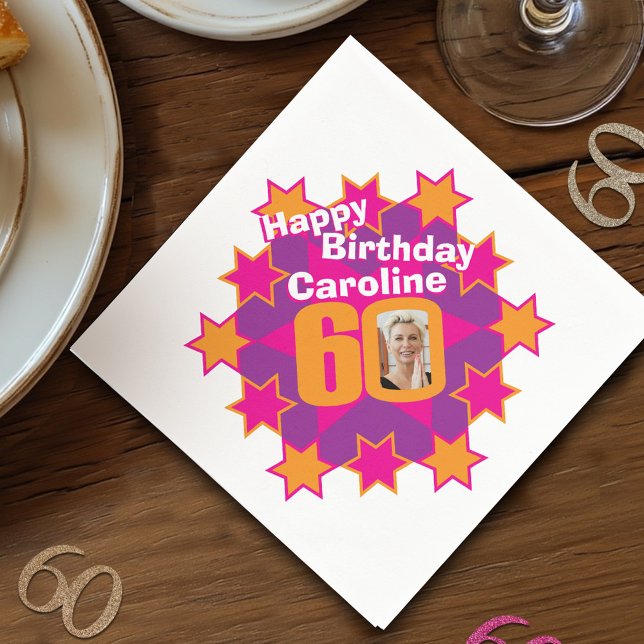 60th birthday photo and name pink star napkins (Creator Uploaded)
