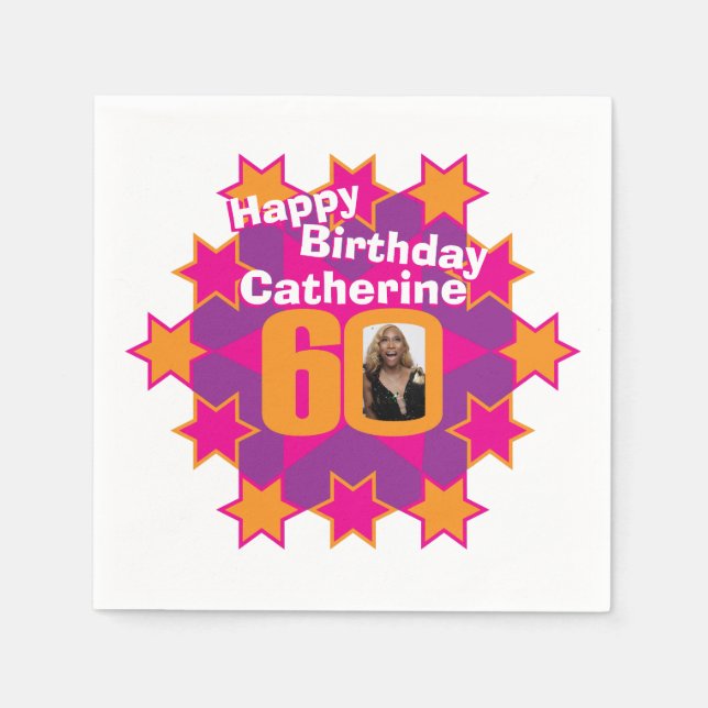 60th birthday photo and name pink star napkins (Front)