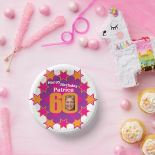 60th birthday photo and name pink star paper plate
