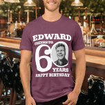 60th Birthday photo and name white text<br><div class="desc">Happy 60th Birthday black text, name and photo t-shirt. Fun 60th personalised photo t-shirt in bold white text design. Personalise this birthday shirt with a photograph of the birthday person in the middle of the number 0. Great idea for adding some fun to a milestone sixtieth birthday party celebration. Other...</div>