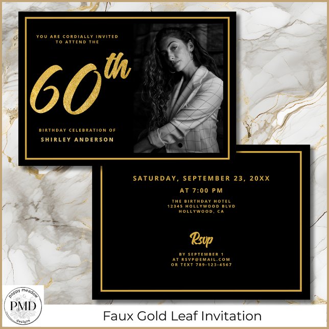 60th Birthday Photo Black Faux Gold Leaf Elegant  Invitation (60th Birthday Photo Black and Faux Gold Leaf Elegant Invitation with Party Details on the Back.)
