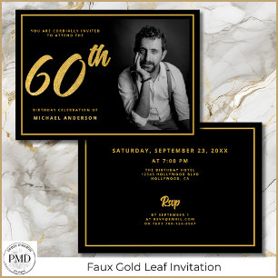60th Birthday Photo Black Gold Elegant  Invitation