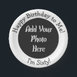 60th Birthday Photo Black White Funny Paper Plate<br><div class="desc">Add your Photo to these cute 60th Birthday Paper Party Plates in a choice of size and shape. The round or square disposable party supplies will entertain guests with a fun picture of the guest of honour. The curved text encircles the photograph and can be personalised with the birthday honoree's...</div>