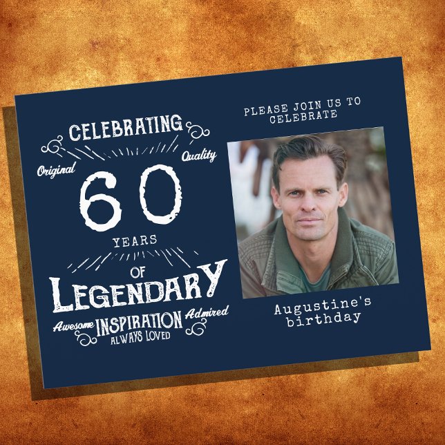 60th Birthday Photo Blue Vintage Birthday Invites Postcard (Creator Uploaded)