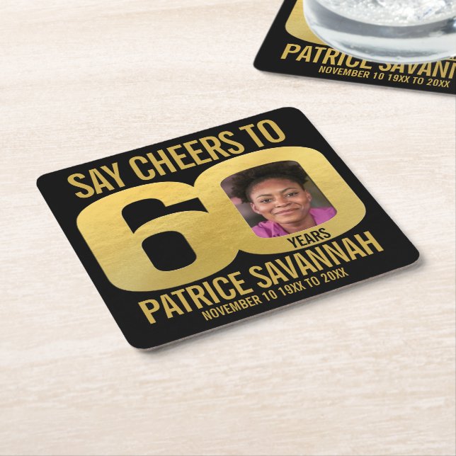 60th birthday photo cheers black and gold  square paper coaster (Angled)