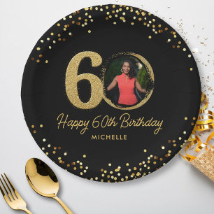 60th Birthday Photo Chic Black Gold Glitter Custom Paper Plate