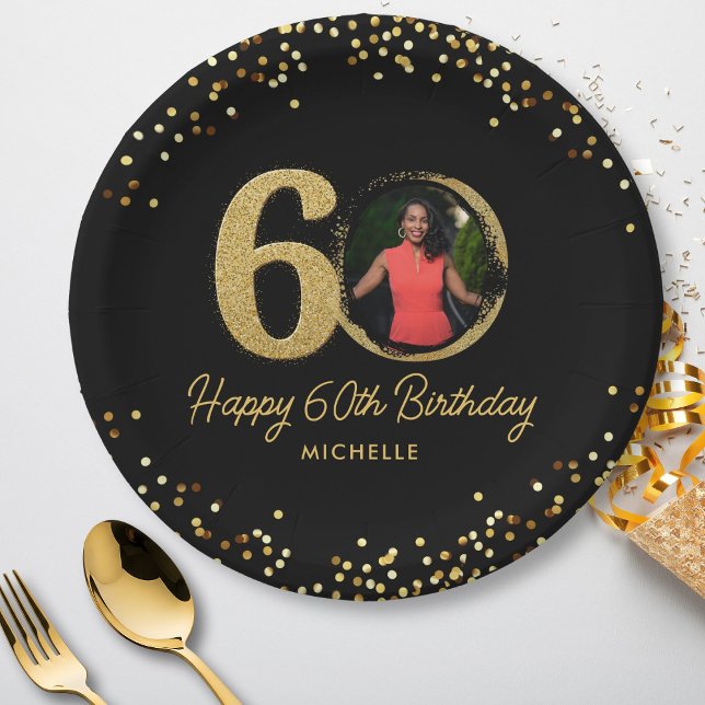 60th Birthday Photo Chic Black Gold Glitter Custom Paper Plate (Creator Uploaded)