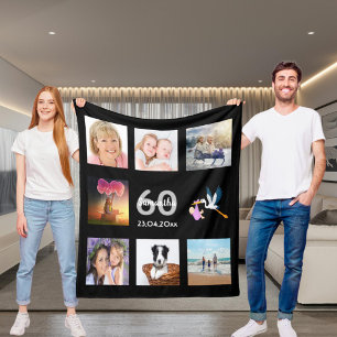 60th birthday photo collage black fleece blanket