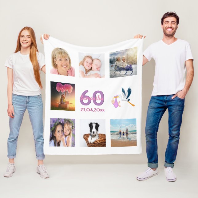 60th birthday photo collage white fleece blanket (In Situ)