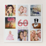 60th birthday photo collage woman white jigsaw puzzle<br><div class="desc">A gift for a woman's 60th birthday,  celebrating her life with a collage of 8 of your photos.  Templates for a name,  age 60 and a date.  Date of birth or the date of the anniversary.  Coral and burgundy coloured letters.  White background.</div>