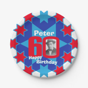 60th birthday photo name blue star paper plate