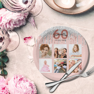 60th birthday photo rose gold glitter pink silver paper plate
