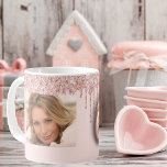 60th birthday photo rose gold pink drips  coffee mug<br><div class="desc">A gift for 60th birthday. A blush pink background decorated with elegant rose gold colored drips,  paint dripping look. Personalize and add your own photo of the birthday girl. Number 60 is written with a trendy balloon style font.</div>
