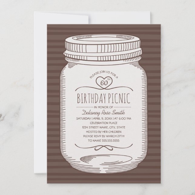 60th Birthday Picnic Party Rustic Mason Jar Invitation (Front)