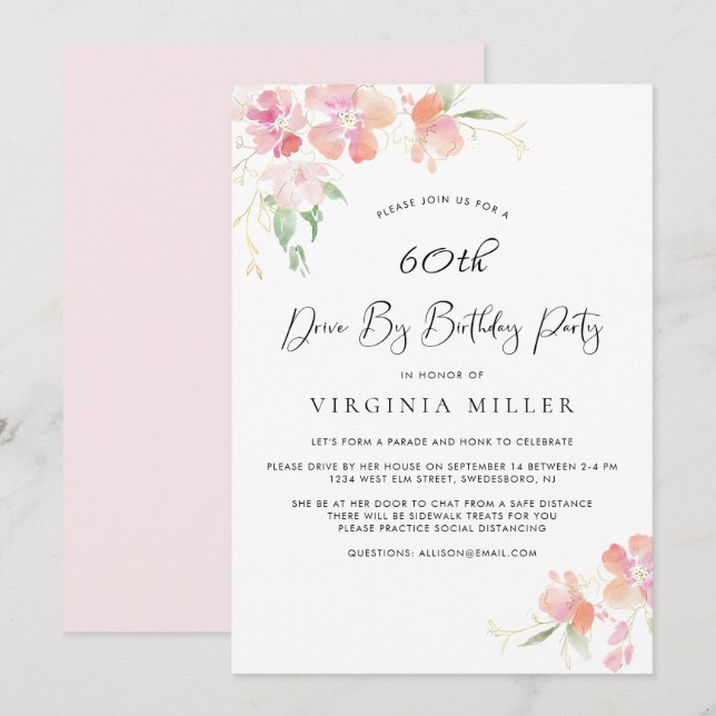 60th Birthday Pink and Gold Floral Drive By Party Invitation (Front/Back)