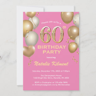 60th Birthday Pink and Gold Glitter Balloons Invitation