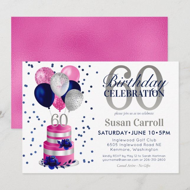 60th Birthday Pink Cake  Invitation (Front/Back)
