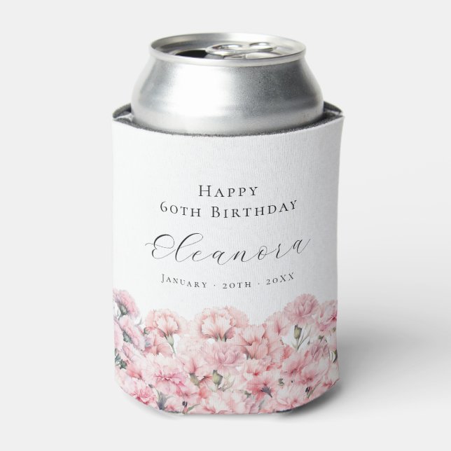 60th Birthday Pink Carnation January Birth Flower Can Cooler (Can Front)