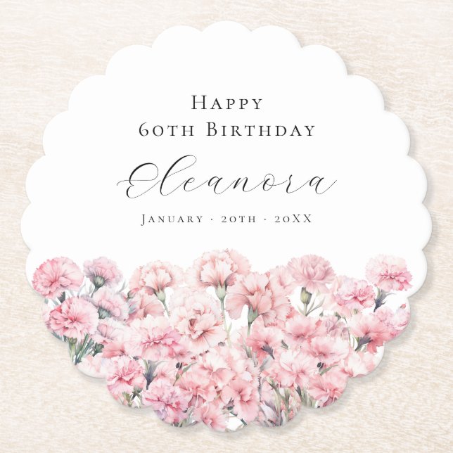 60th Birthday Pink Carnation January Birth Flower Paper Coaster (Front)
