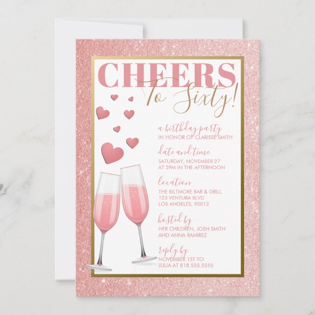 60TH BIRTHDAY | PINK CHAMPAGNE INVITATION (Front)