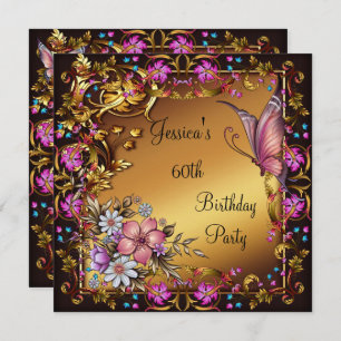 60th Birthday Pink Floral Butterfly Gold Black Invitation