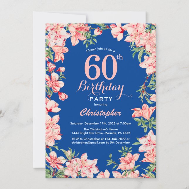 60th Birthday Pink Floral Flowers Blue Invitation (Front)