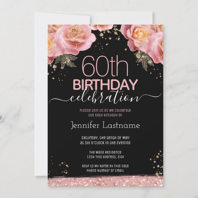 60th Birthday Pink Floral  Invitation (Front)