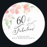 60th Birthday Pink Floral Watercolor Classic Round Sticker<br><div class="desc">A pretty sticker for your sixtieth birthday party invitations,  correspondence and party favours. This elegant and chic design features "60 & Fabulous" written in a calligraphy script and watercolor bouquets of pink and coral florals with gold accents.</div>