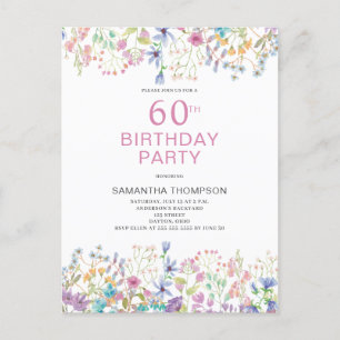 60th Birthday Pink Floral Wildflower Invitation Postcard