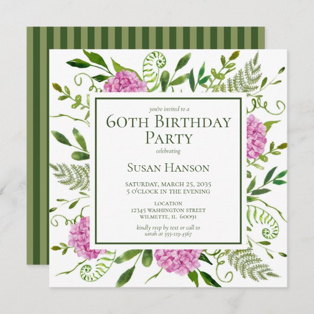 60th Birthday Pink Hydrangeas Invitation (Front/Back)
