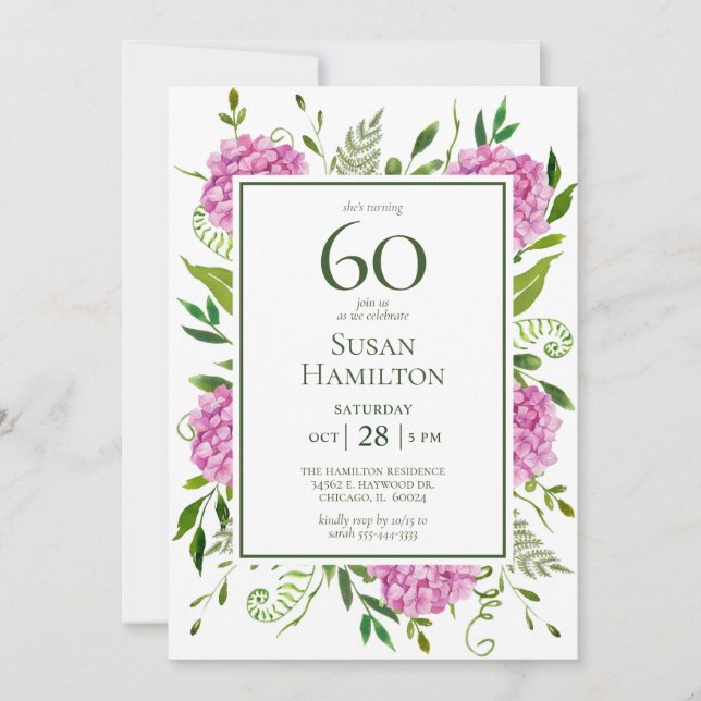 60th Birthday Pink Hydrangeas Invitation (Front)