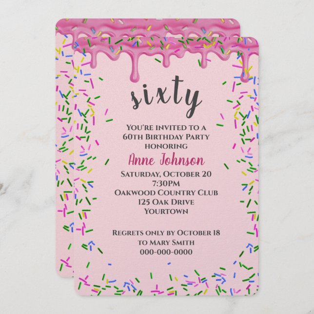 60th Birthday Pink Icing And Sprinkles Invitation (Front/Back)