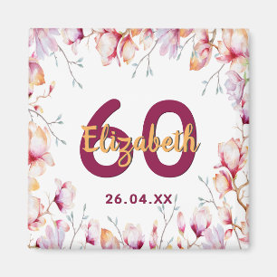 60th birthday pink magnolia floral white name magnet
